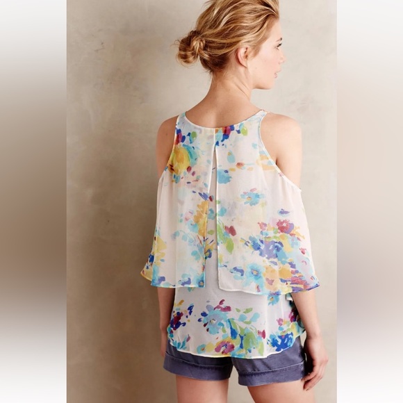 Anthro Maeve 100% Silk Watercolor Floral Cold Shoulder Tank Blouse Top - Picture 7 of 12